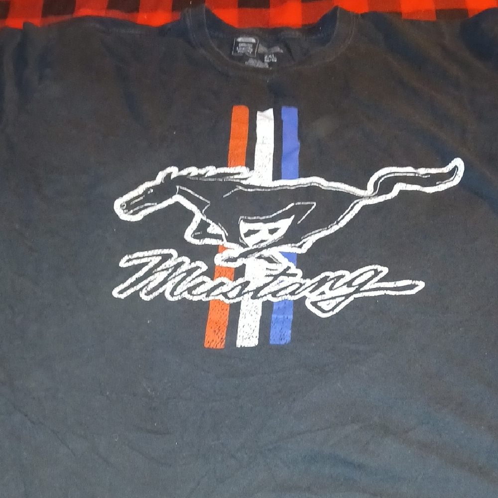 Ford Mustang Black T-Shirt with Red and Blue Stripes